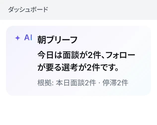 朝ブリーフ。今日は面談が2件、フォローが要る選考が2件